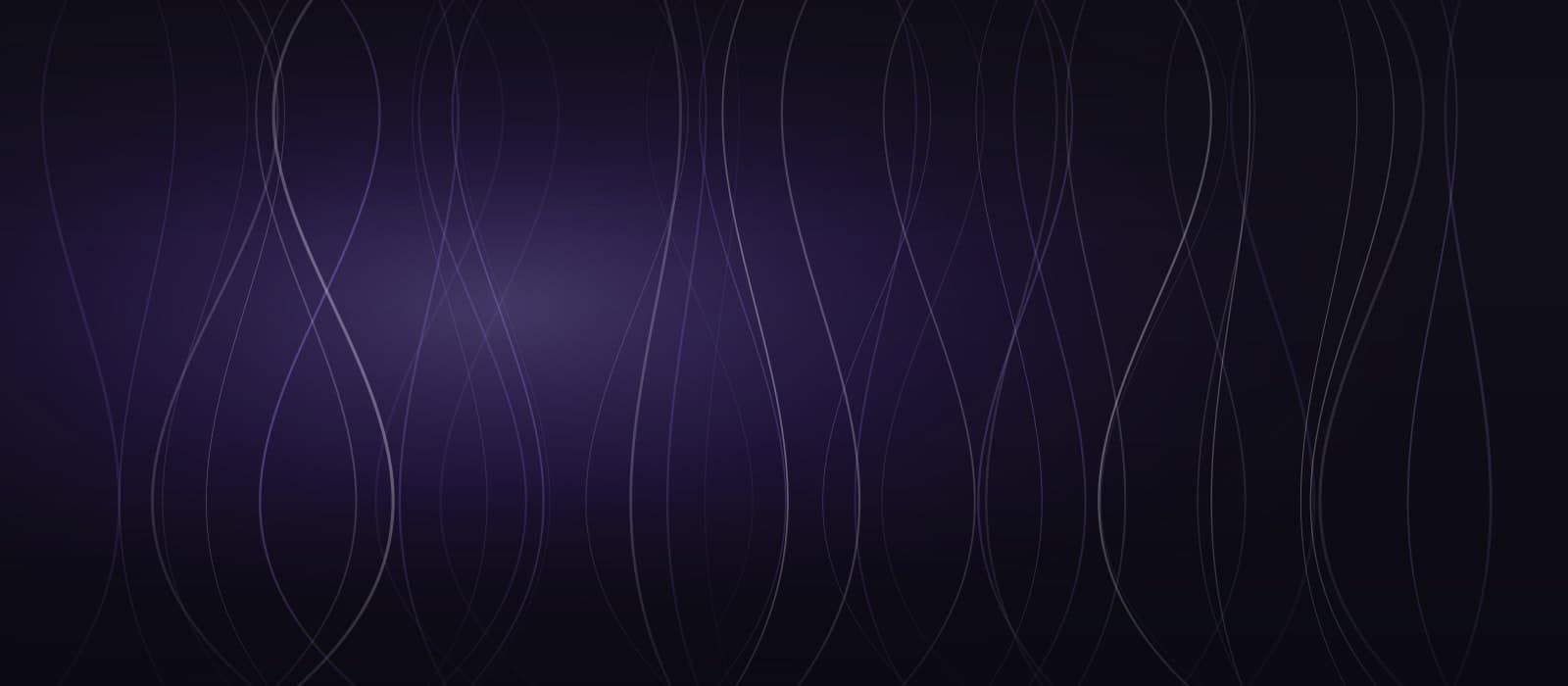 Abstract brand artwork: fine vertical strands under a soft violet spotlight on a near-black field