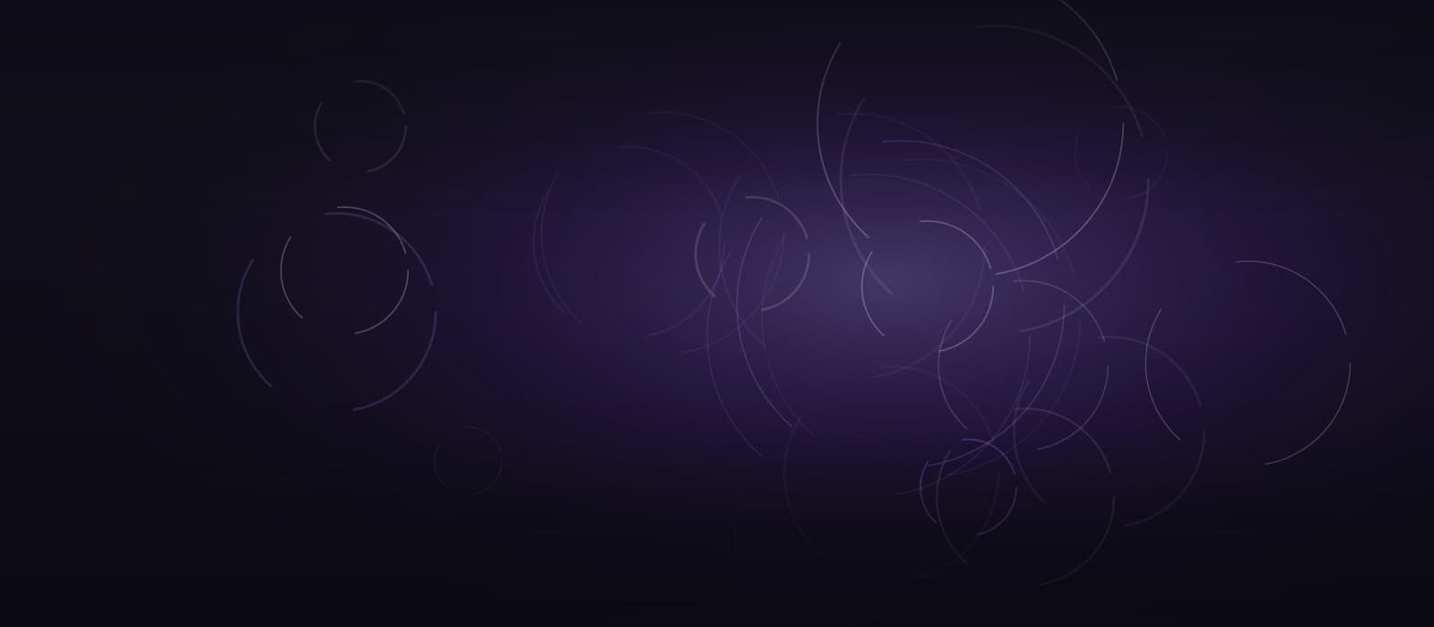 Abstract brand artwork: overlapping coiled arcs under a soft violet spotlight on a near-black field