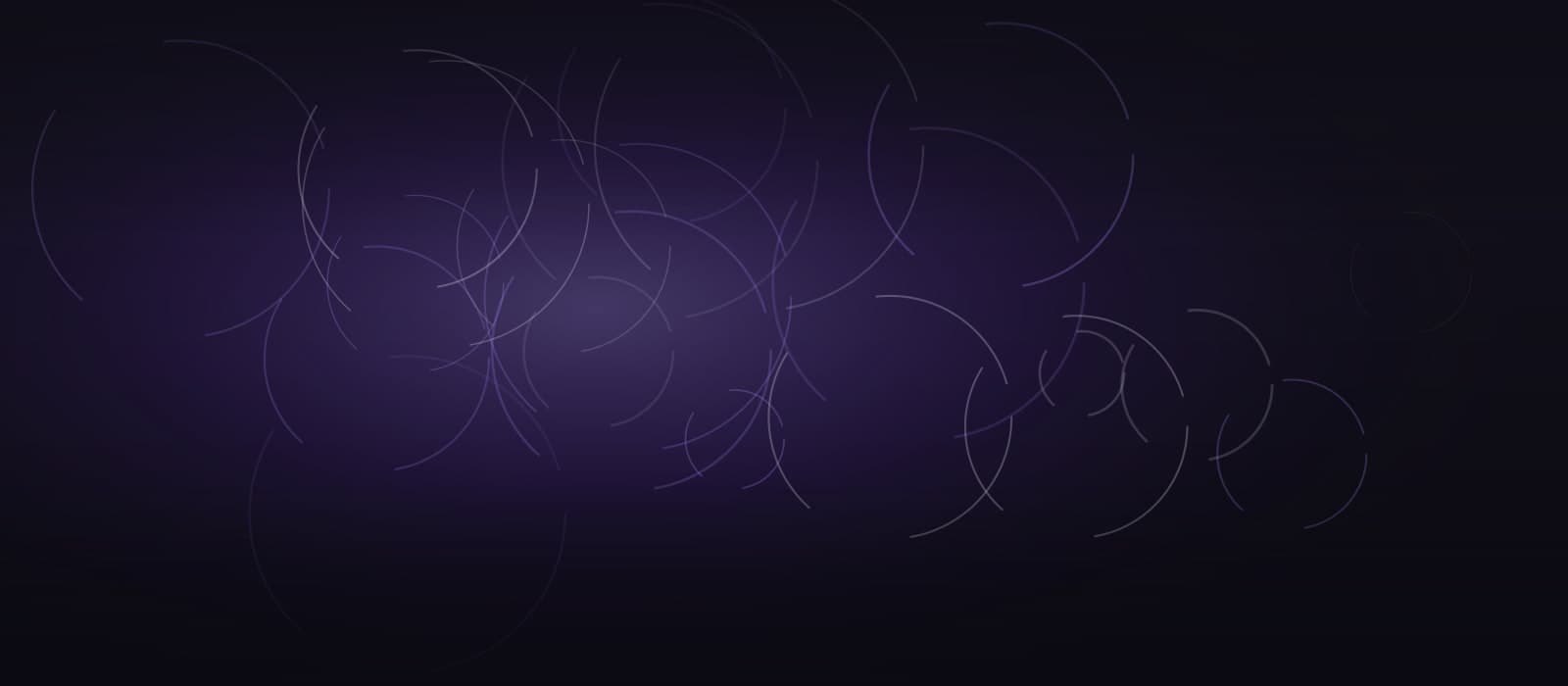 Abstract brand artwork: loose coiled arcs scattered across a near-black field under violet light