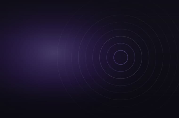 Abstract brand artwork: concentric rings offset to the right under violet light on a near-black field