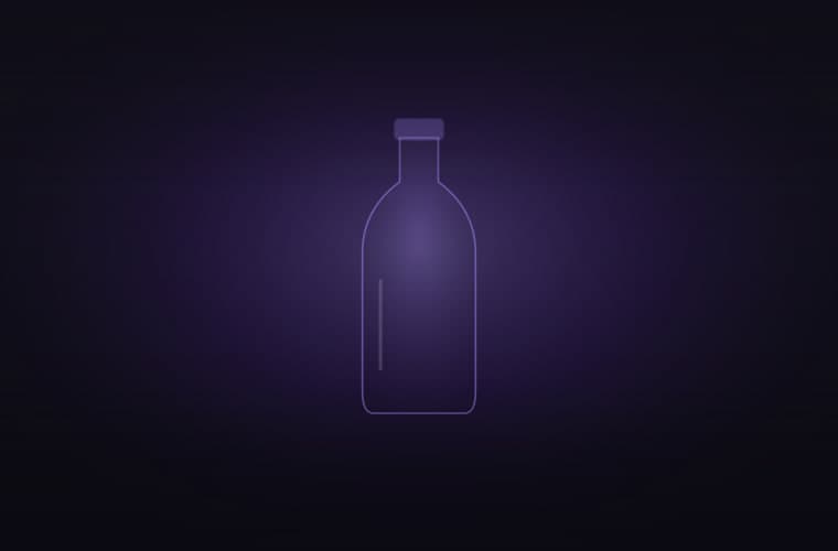 Abstract brand artwork: the outline of a bottle standing in a soft violet spotlight on a near-black field