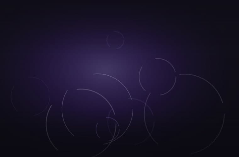Abstract brand artwork: loose coiled arcs scattered across a near-black field under violet light